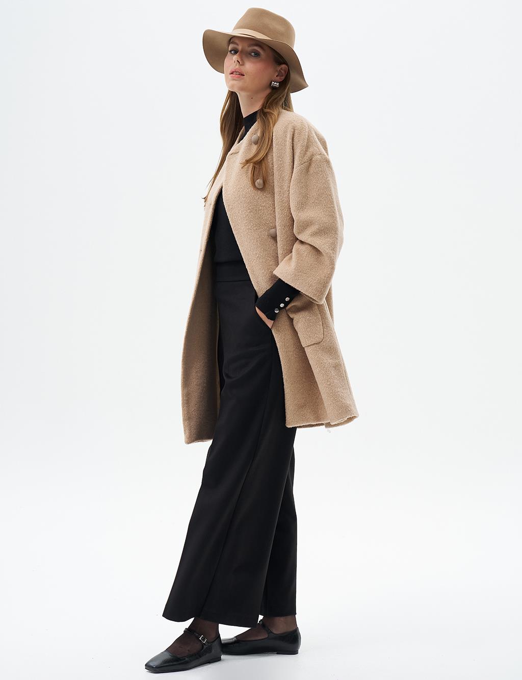 Three Quarter Sleeve Cashmere Coat Beige