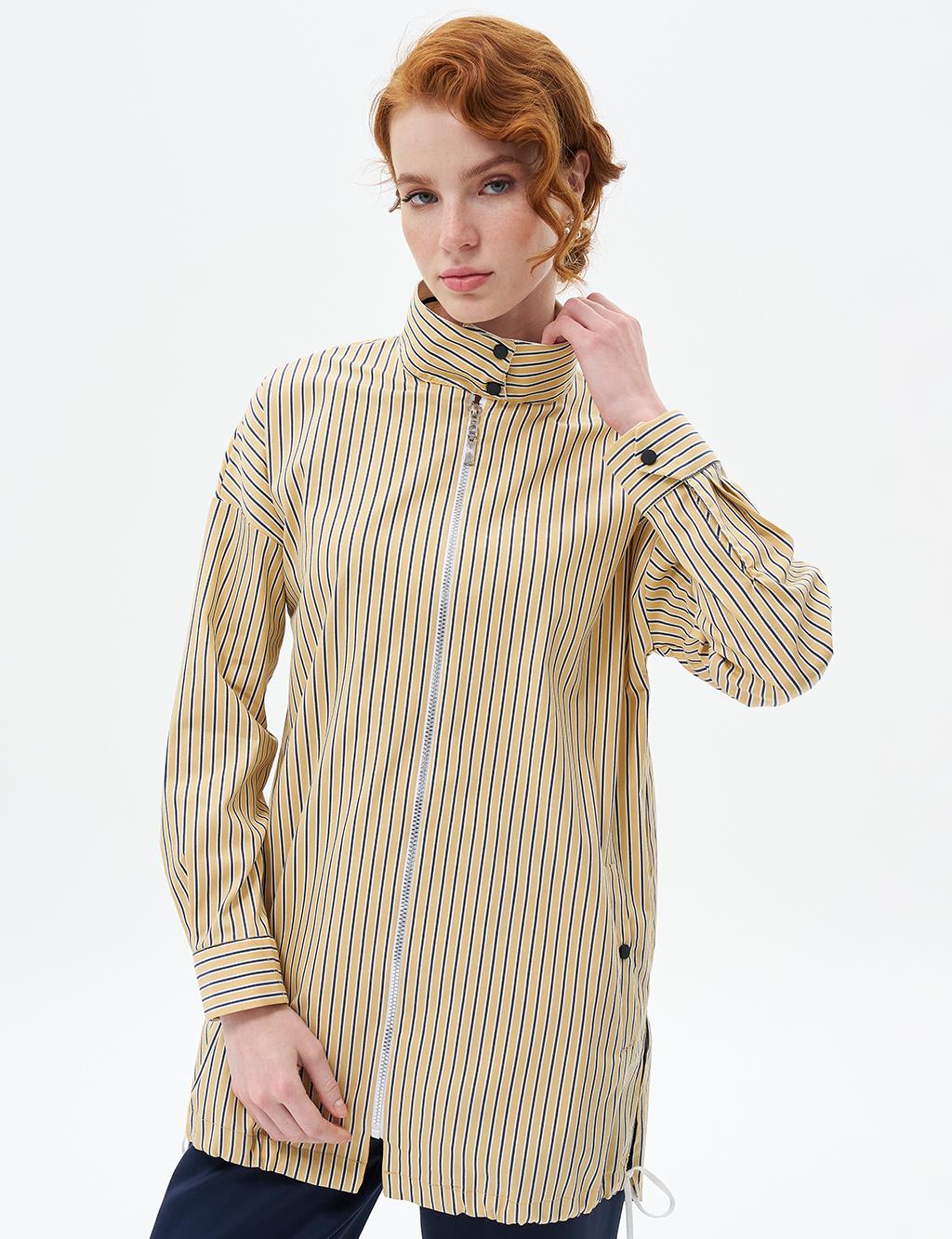 Snap-Flip Stand Collar Poplin Tunic Yellow