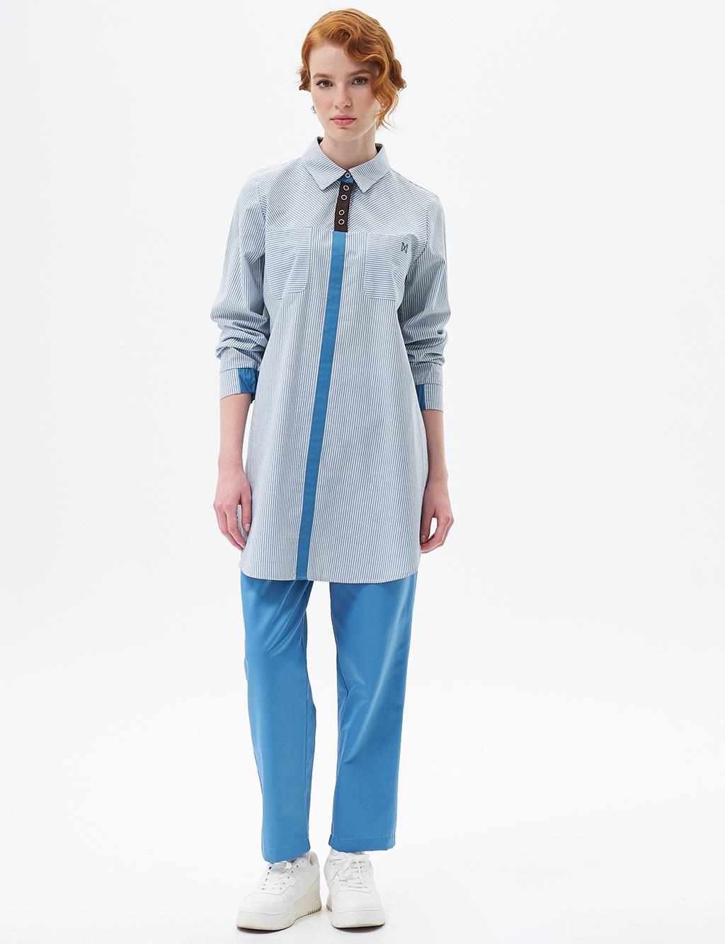 Striped Pattern Tunic with Elastic Gathered Wrists Crown Blue