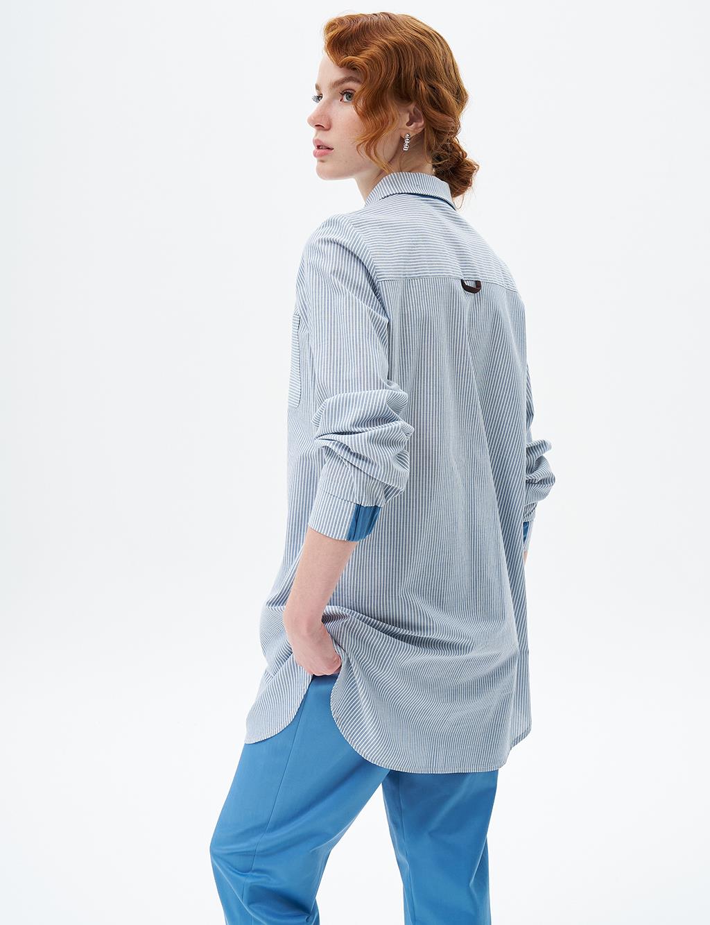 Striped Pattern Tunic with Elastic Gathered Wrists Crown Blue