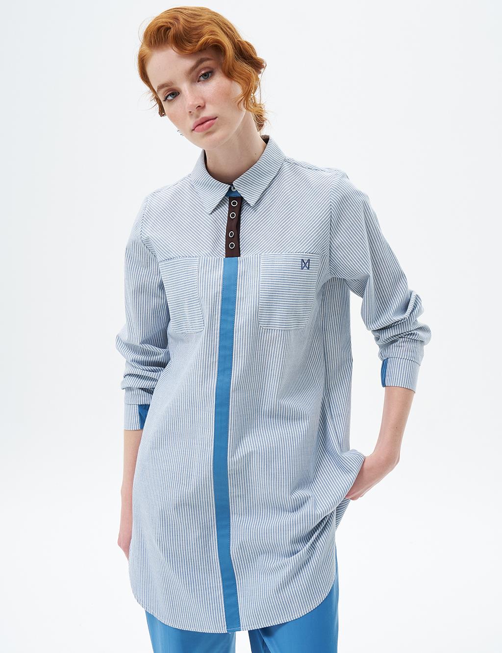Striped Pattern Tunic with Elastic Gathered Wrists Crown Blue