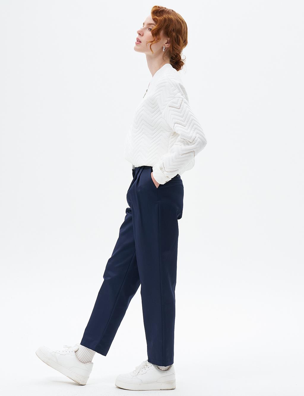 Carrot Pants with Pleated Logo Dark Navy Blue
