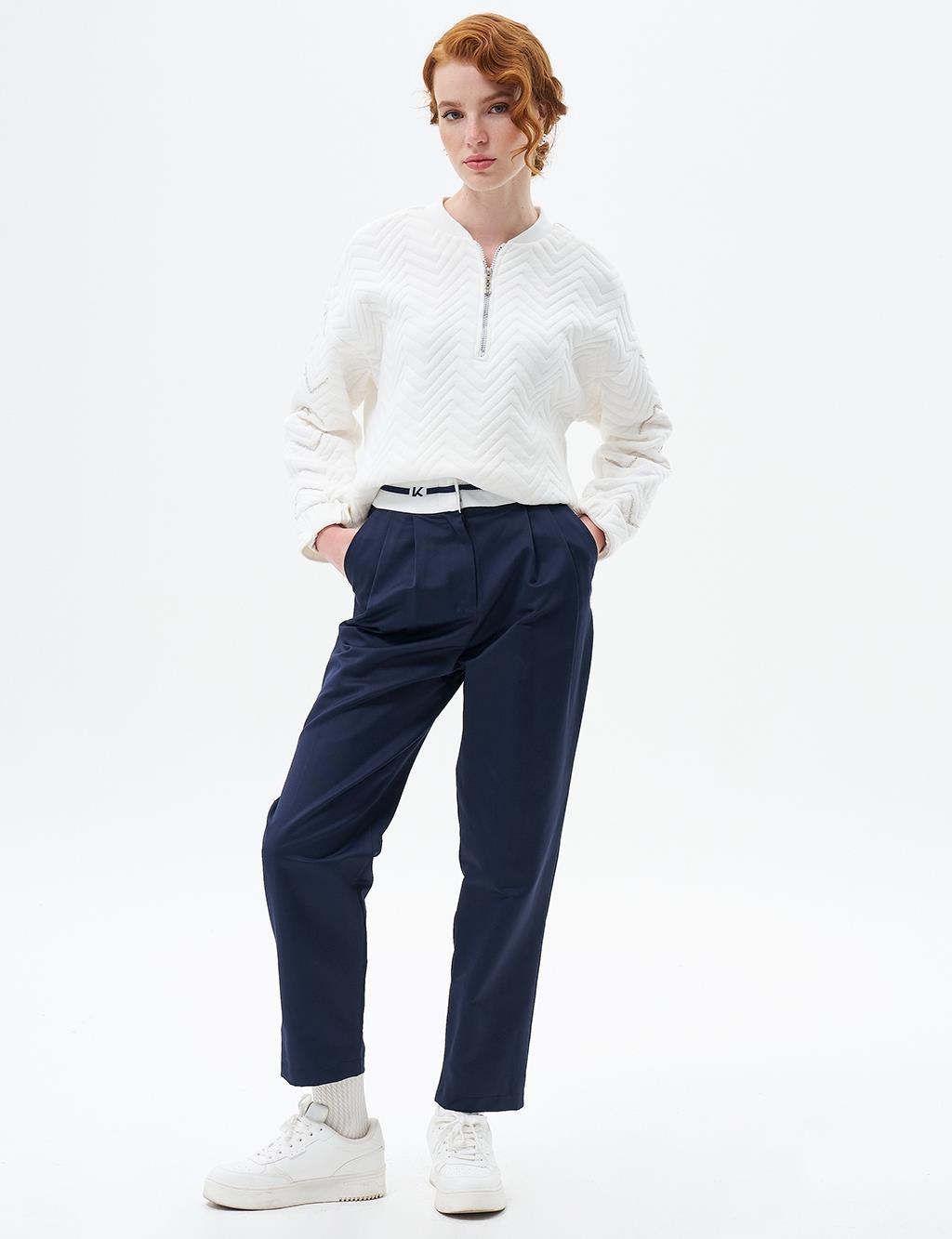 Carrot Pants with Pleated Logo Dark Navy Blue