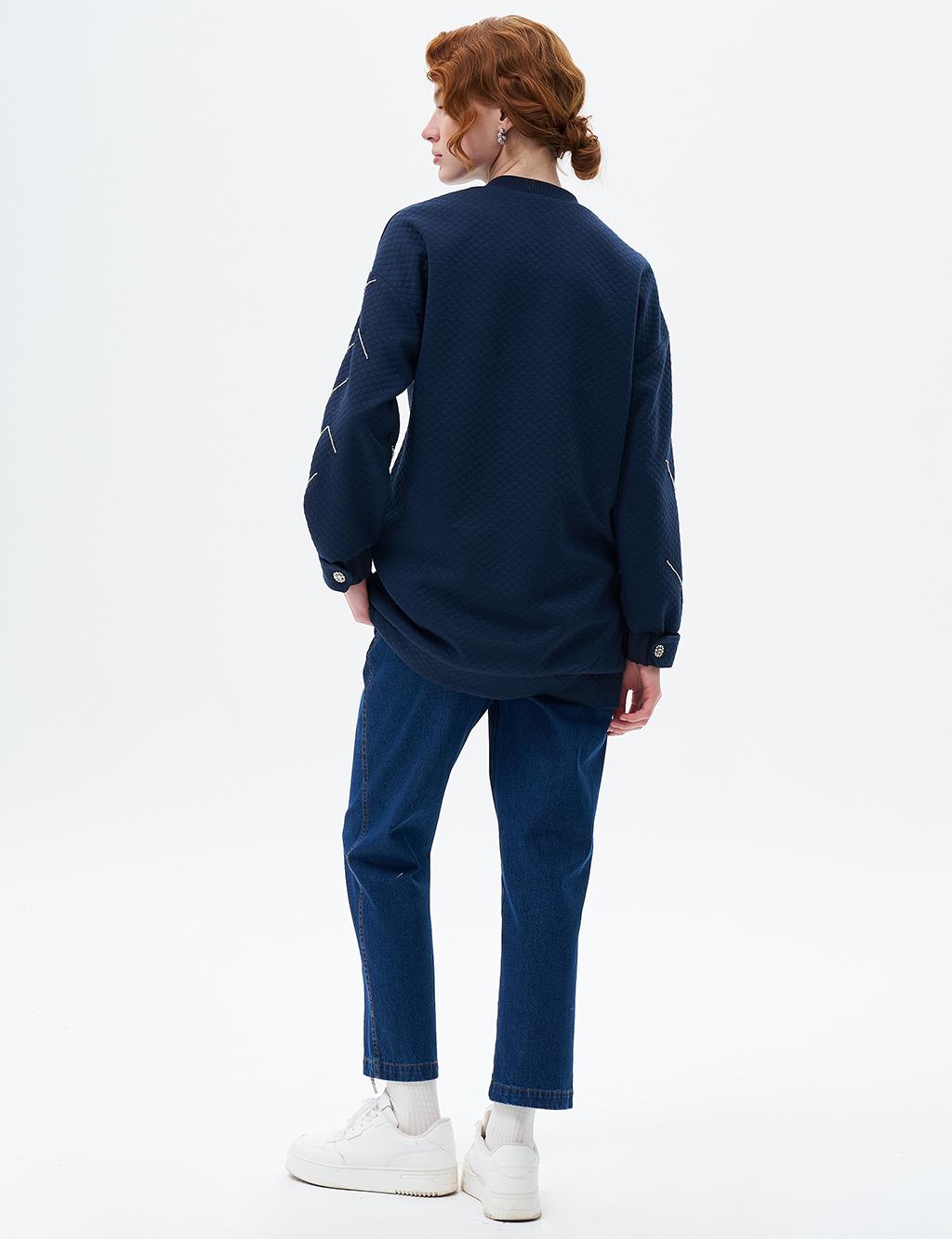Taş İşlemeli Yarım Fermuar Kapamalı Sweatshirt Koyu Lacivert