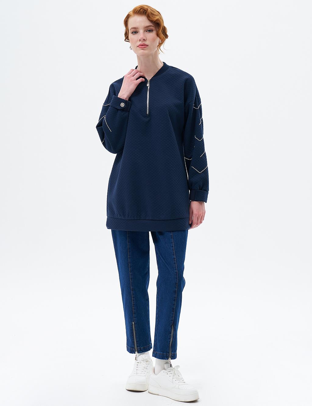 Taş İşlemeli Yarım Fermuar Kapamalı Sweatshirt Koyu Lacivert