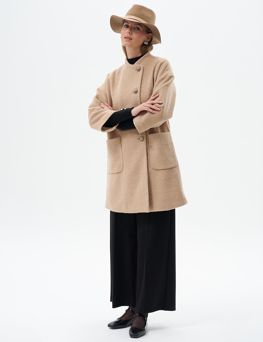 Three Quarter Sleeve Cashmere Coat Beige