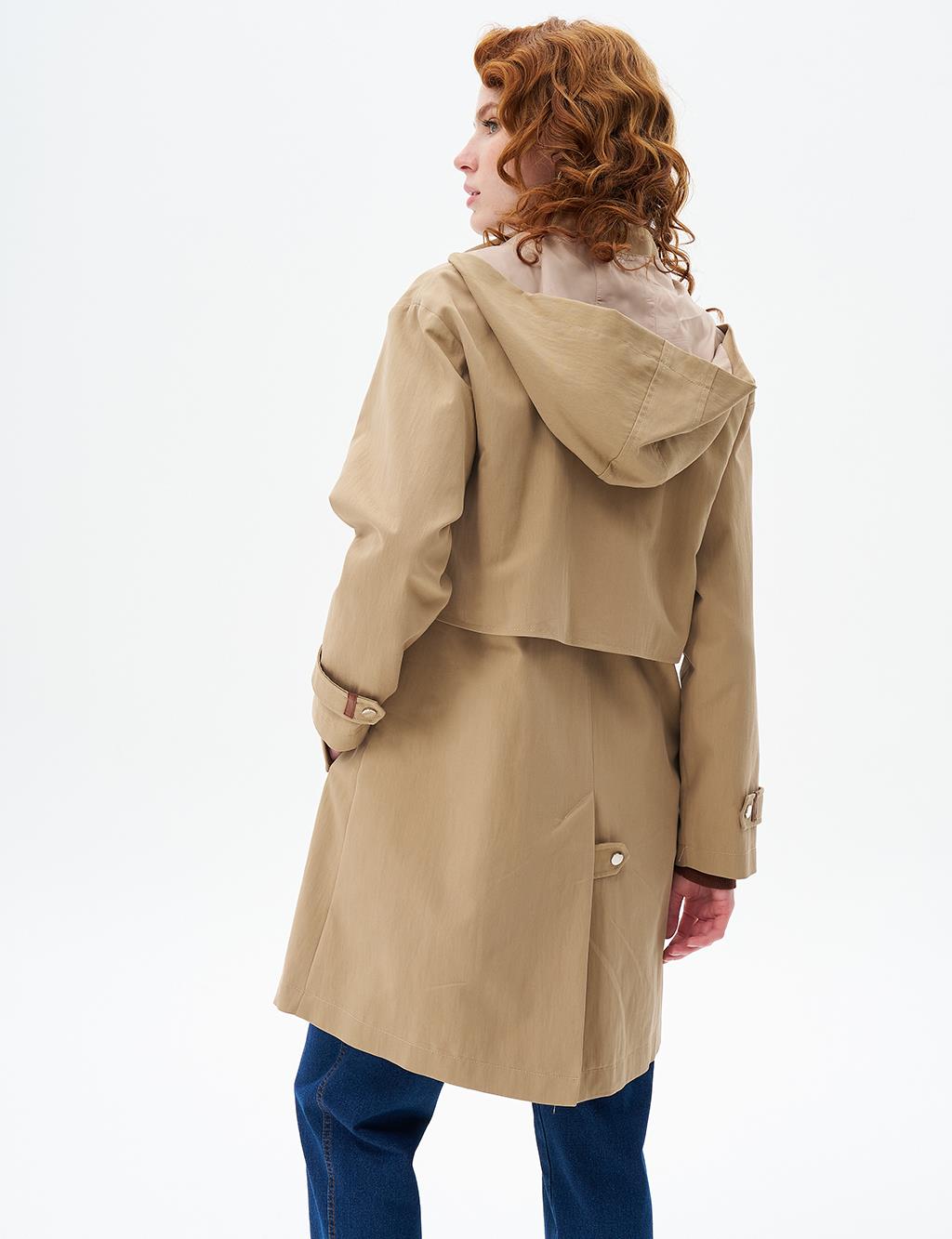 Stand Collar Coat with Pocket Detail Beige
