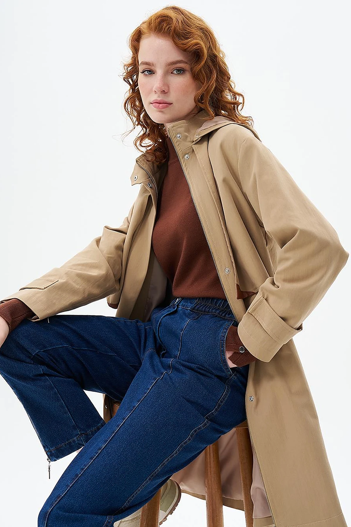 Stand Collar Coat with Pocket Detail Beige