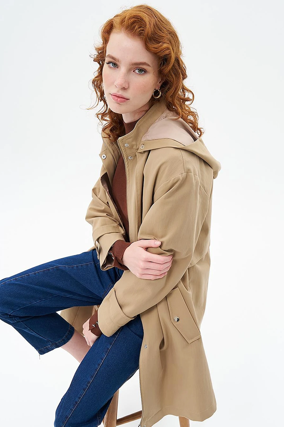 Stand Collar Coat with Pocket Detail Beige