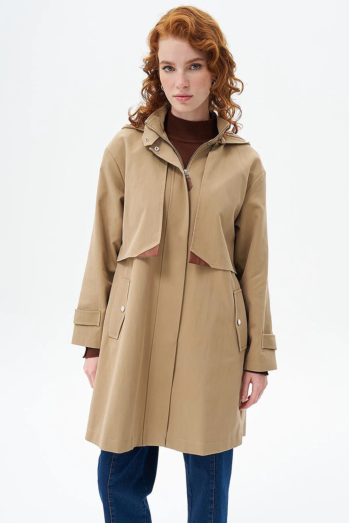 Stand Collar Coat with Pocket Detail Beige