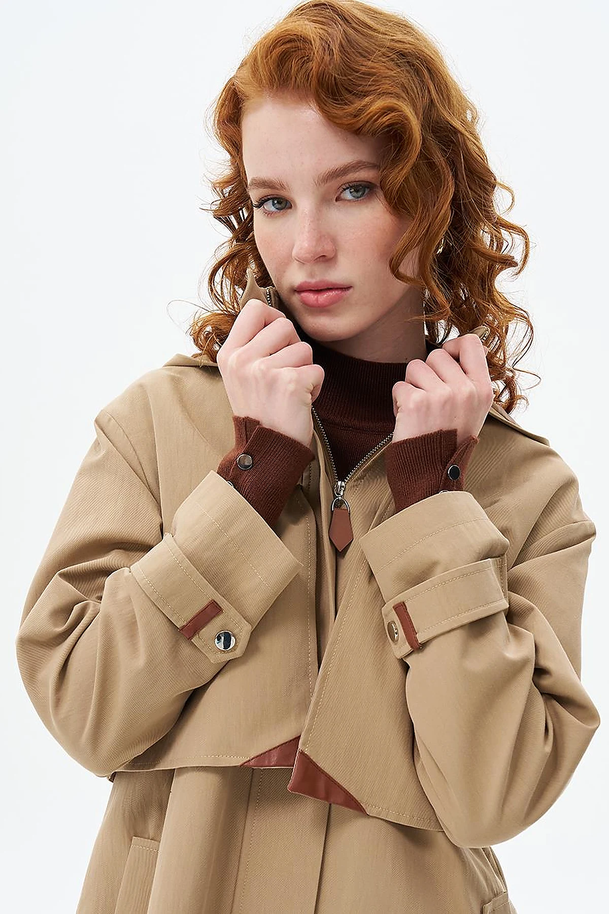 Stand Collar Coat with Pocket Detail Beige