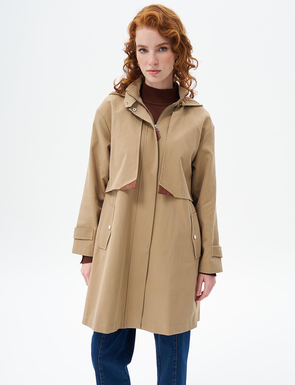 Stand Collar Coat with Pocket Detail Beige