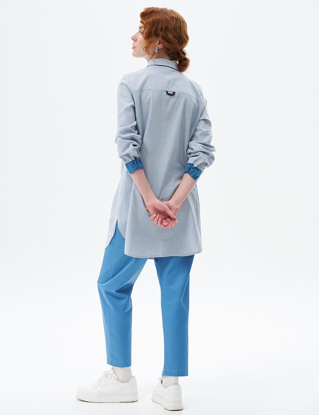 Striped Pattern Tunic with Elastic Gathered Wrists Crown Blue