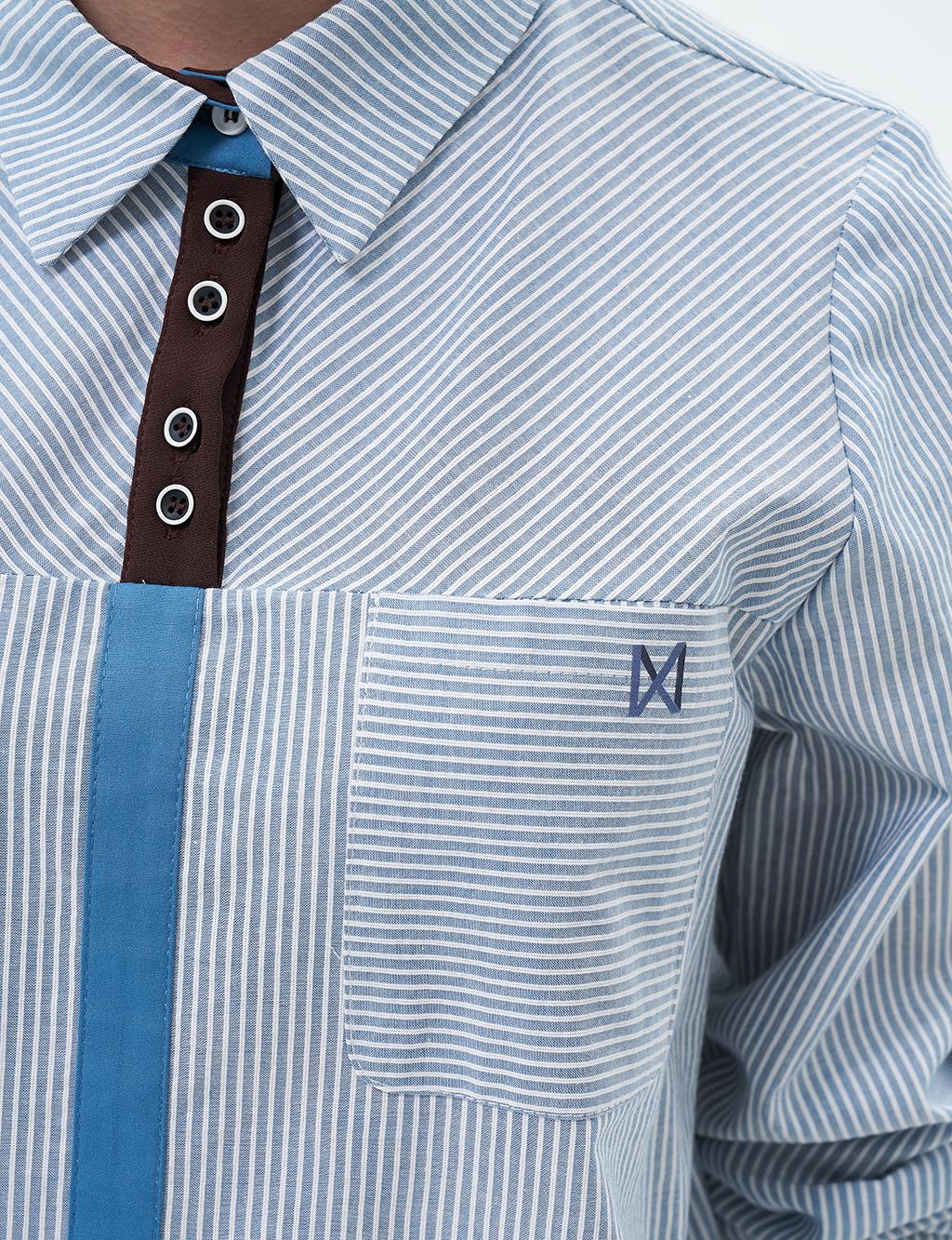Striped Pattern Tunic with Elastic Gathered Wrists Crown Blue