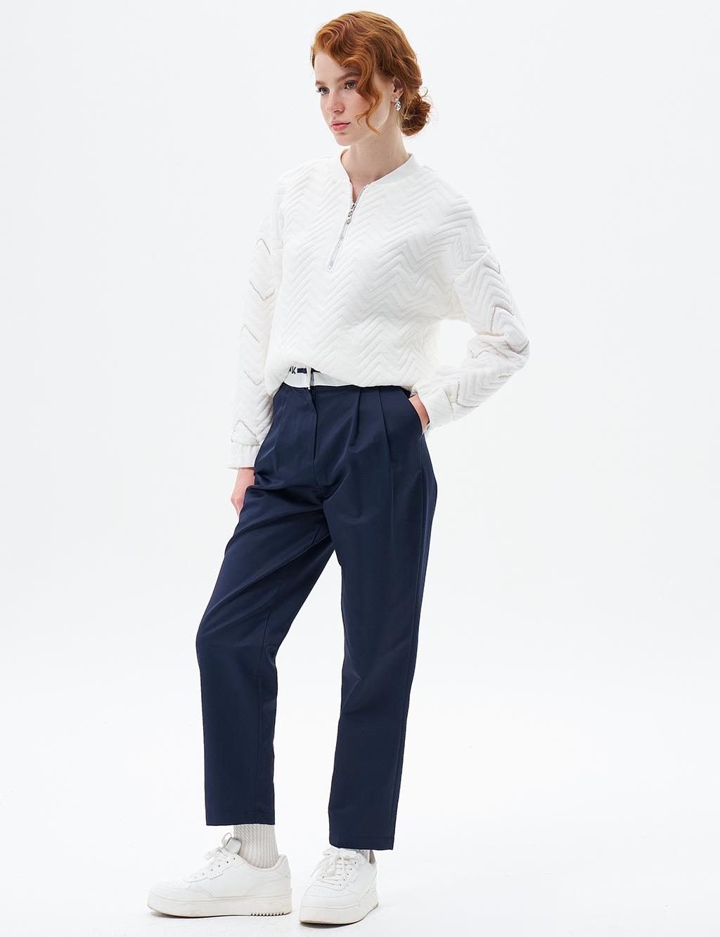 Carrot Pants with Pleated Logo Dark Navy Blue