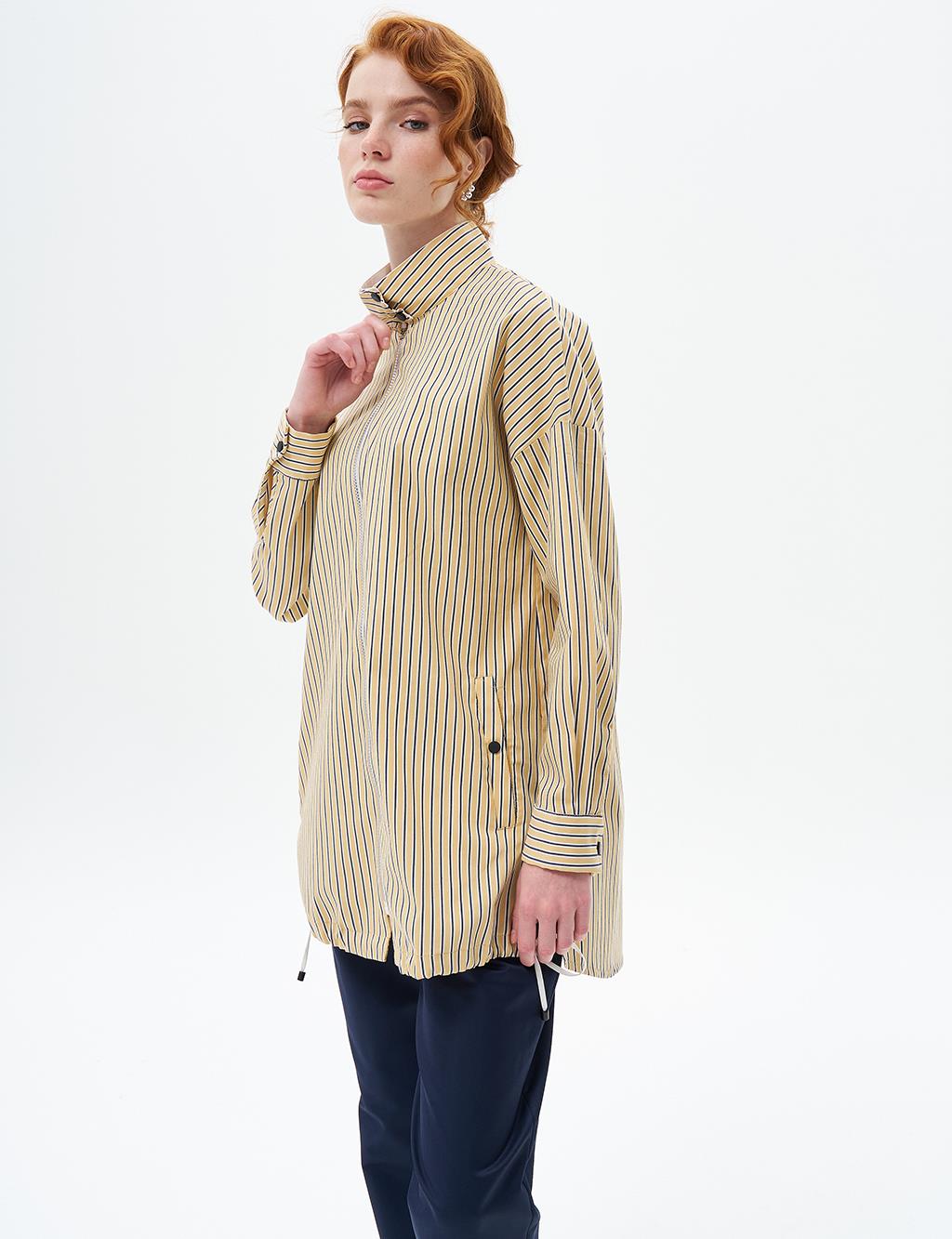 Snap-Flip Stand Collar Poplin Tunic Yellow