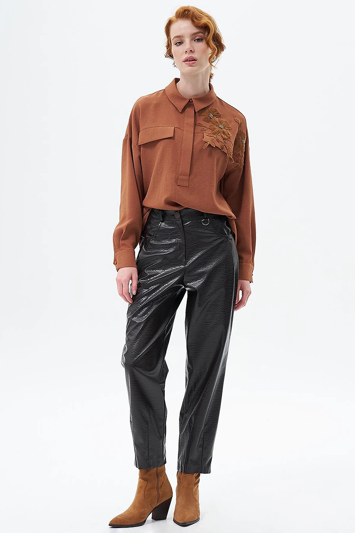 Metal Accessory Detailed Faux Leather Pants Dark Brown