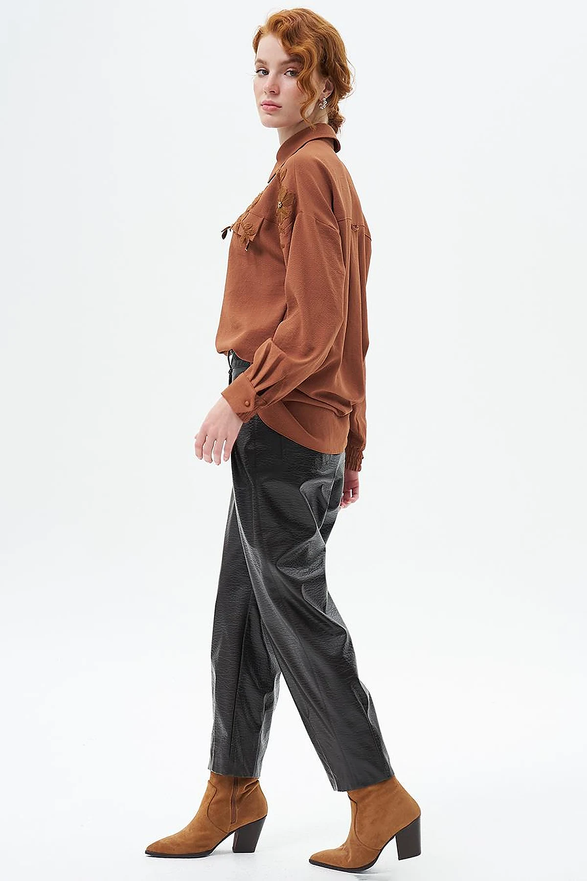 Metal Accessory Detailed Faux Leather Pants Dark Brown