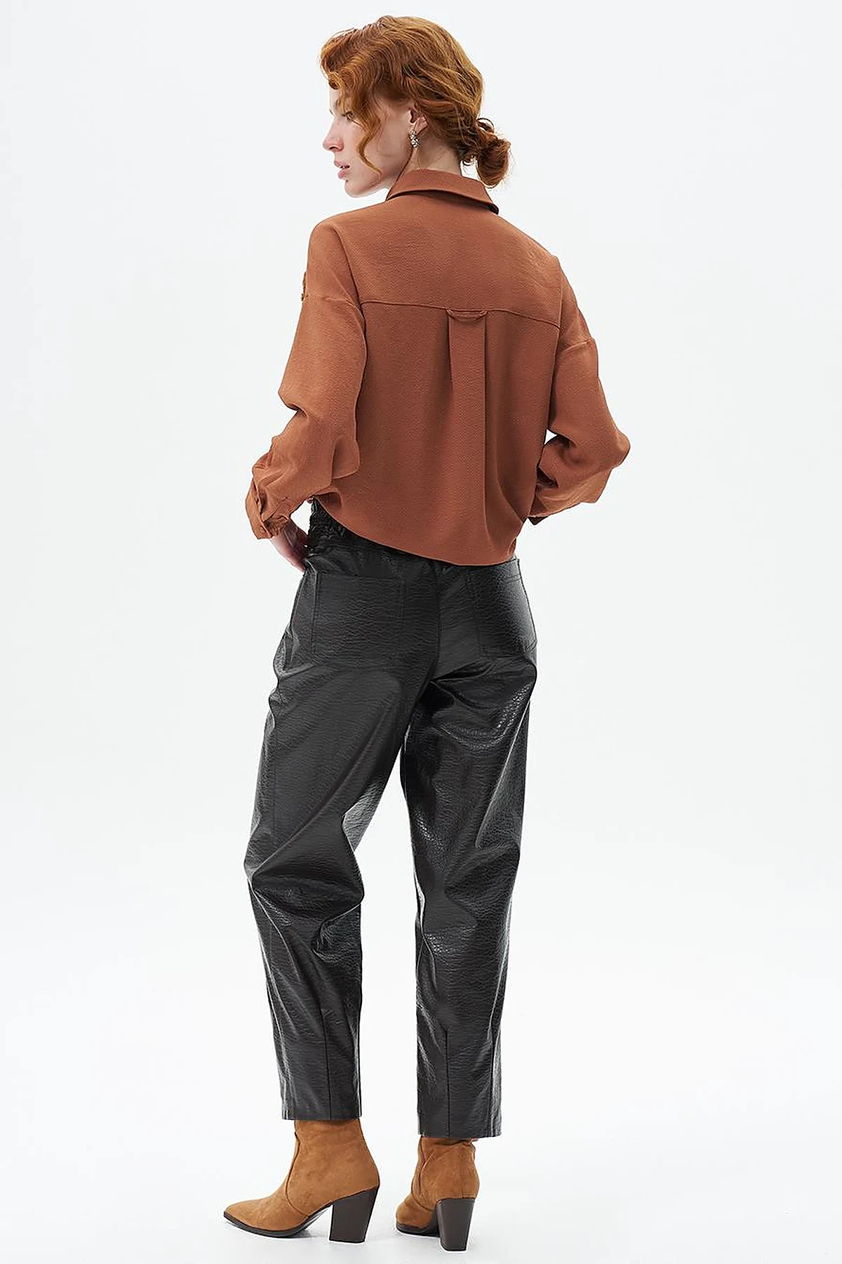 Metal Accessory Detailed Faux Leather Pants Dark Brown