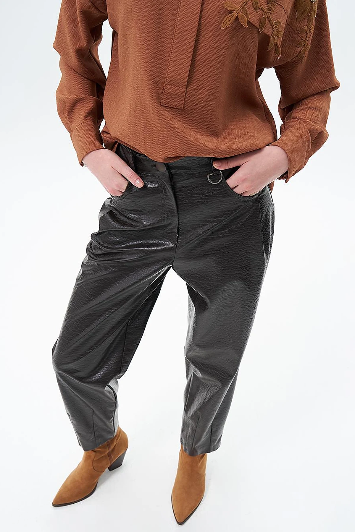 Metal Accessory Detailed Faux Leather Pants Dark Brown