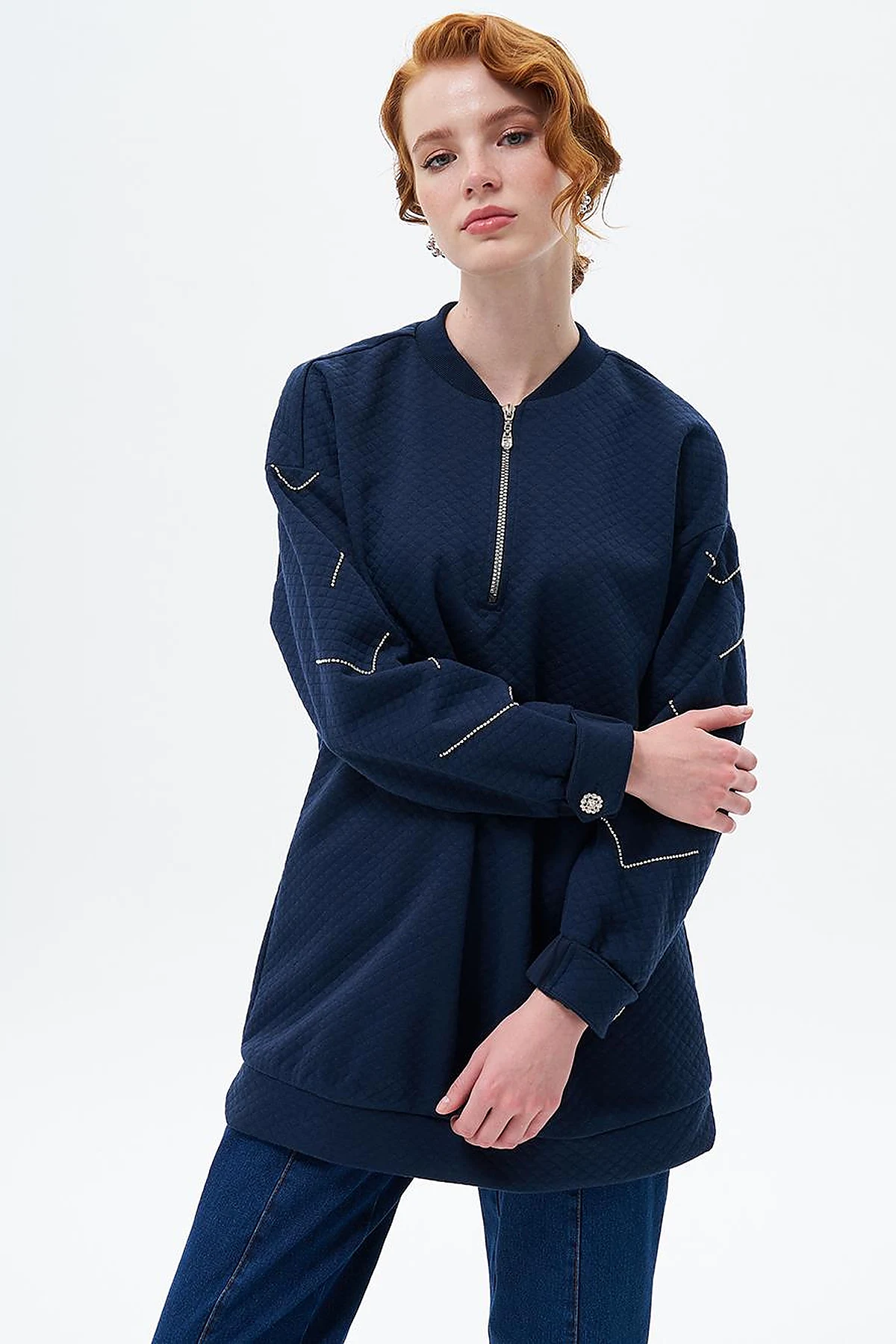 Taş İşlemeli Pamuklu Sweatshirt Koyu Lacivert