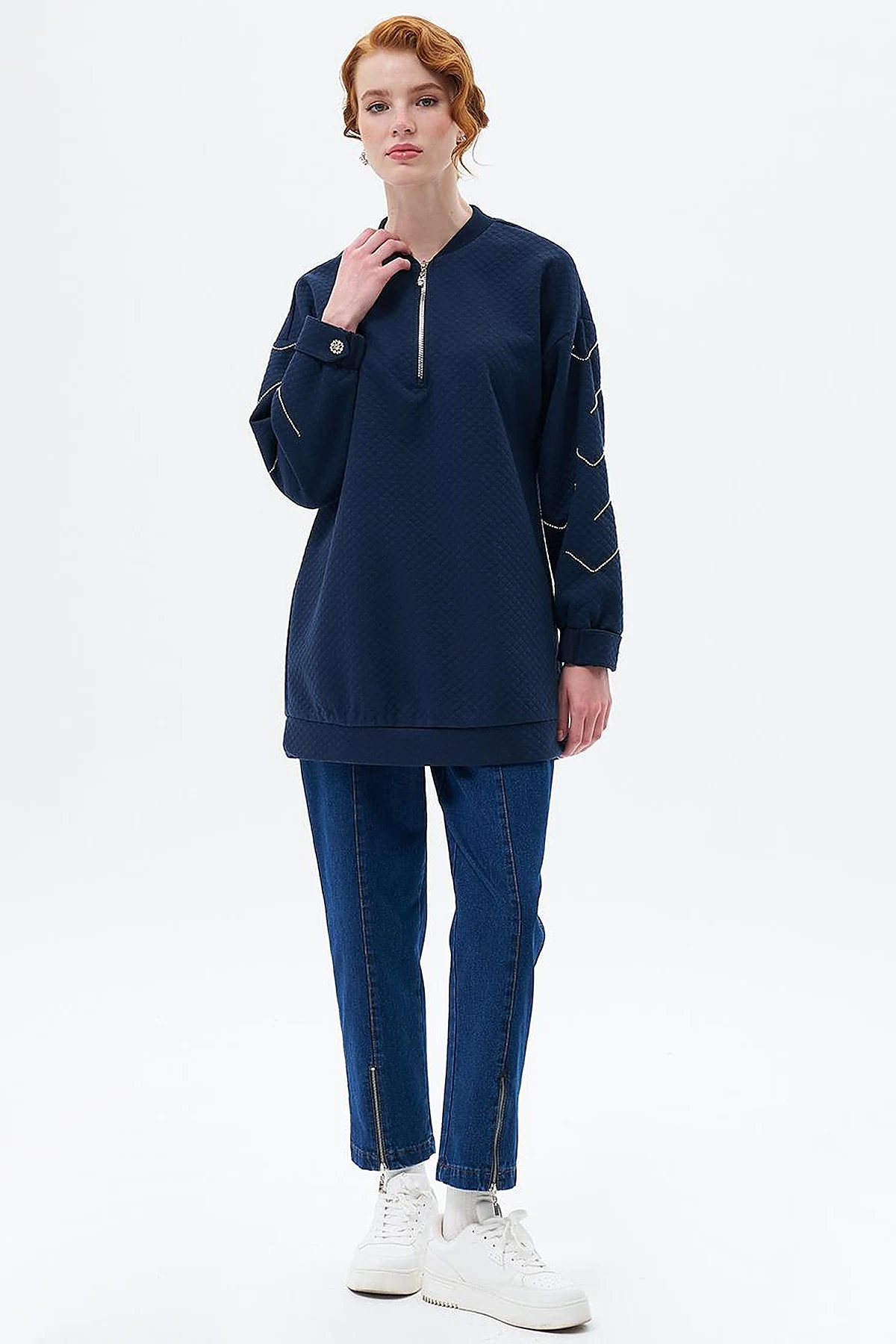 Taş İşlemeli Pamuklu Sweatshirt Koyu Lacivert