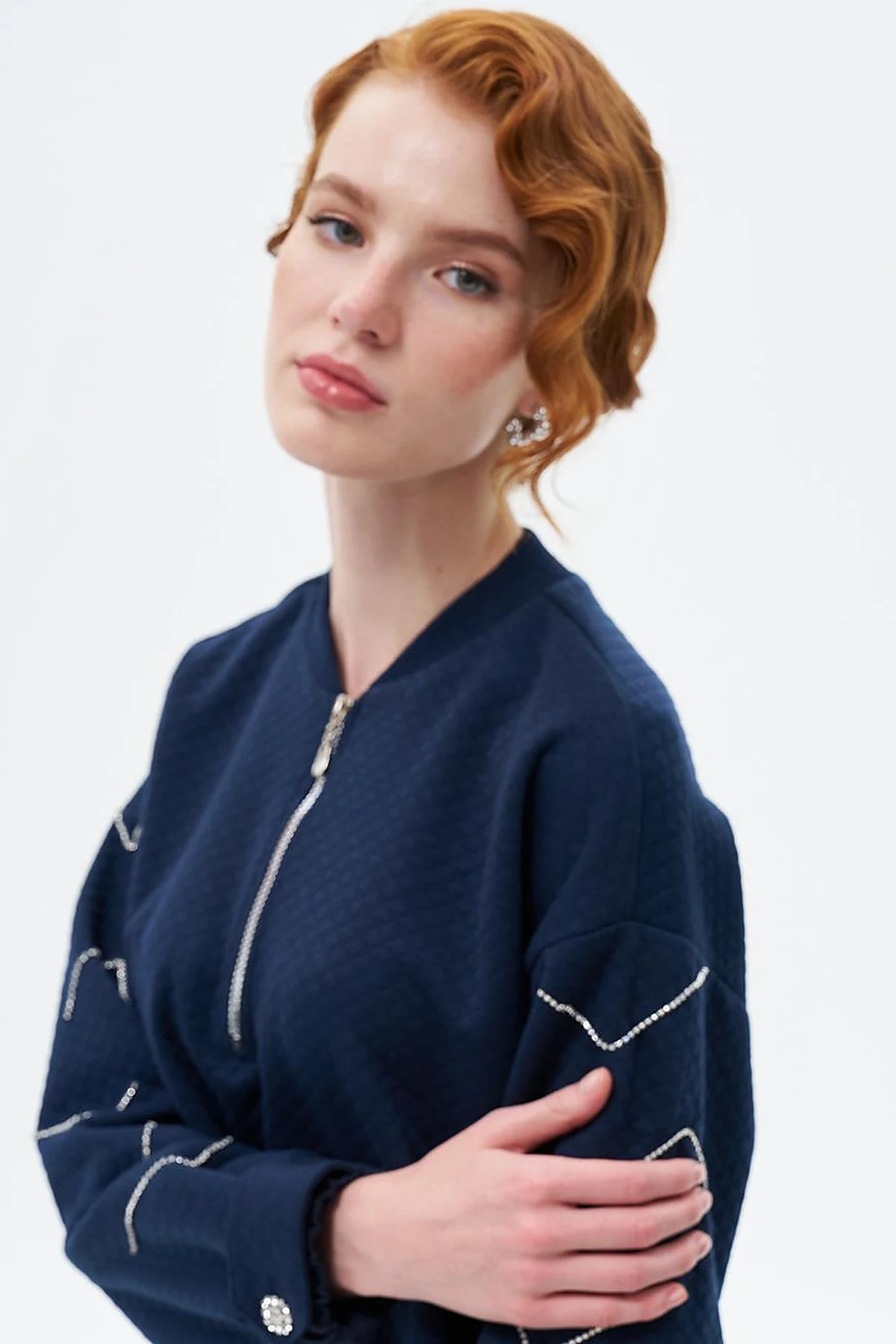 Taş İşlemeli Pamuklu Sweatshirt Koyu Lacivert