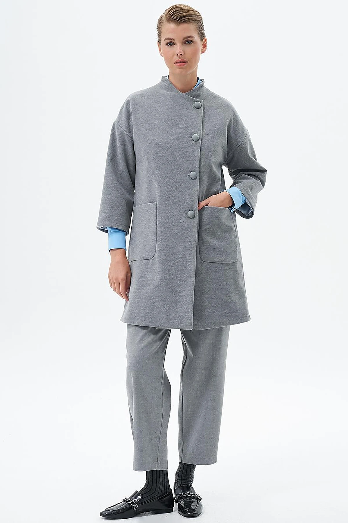 Three Quarter Sleeve Cashmere Coat Gray