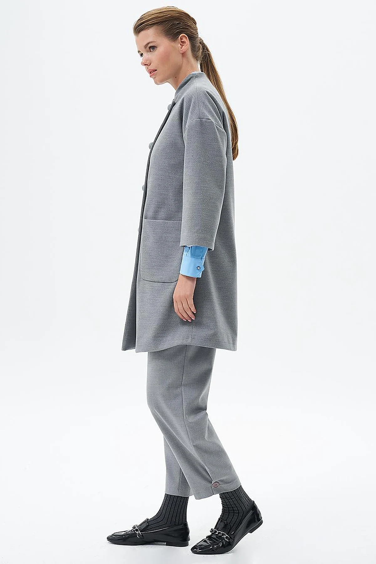 Three Quarter Sleeve Cashmere Coat Gray