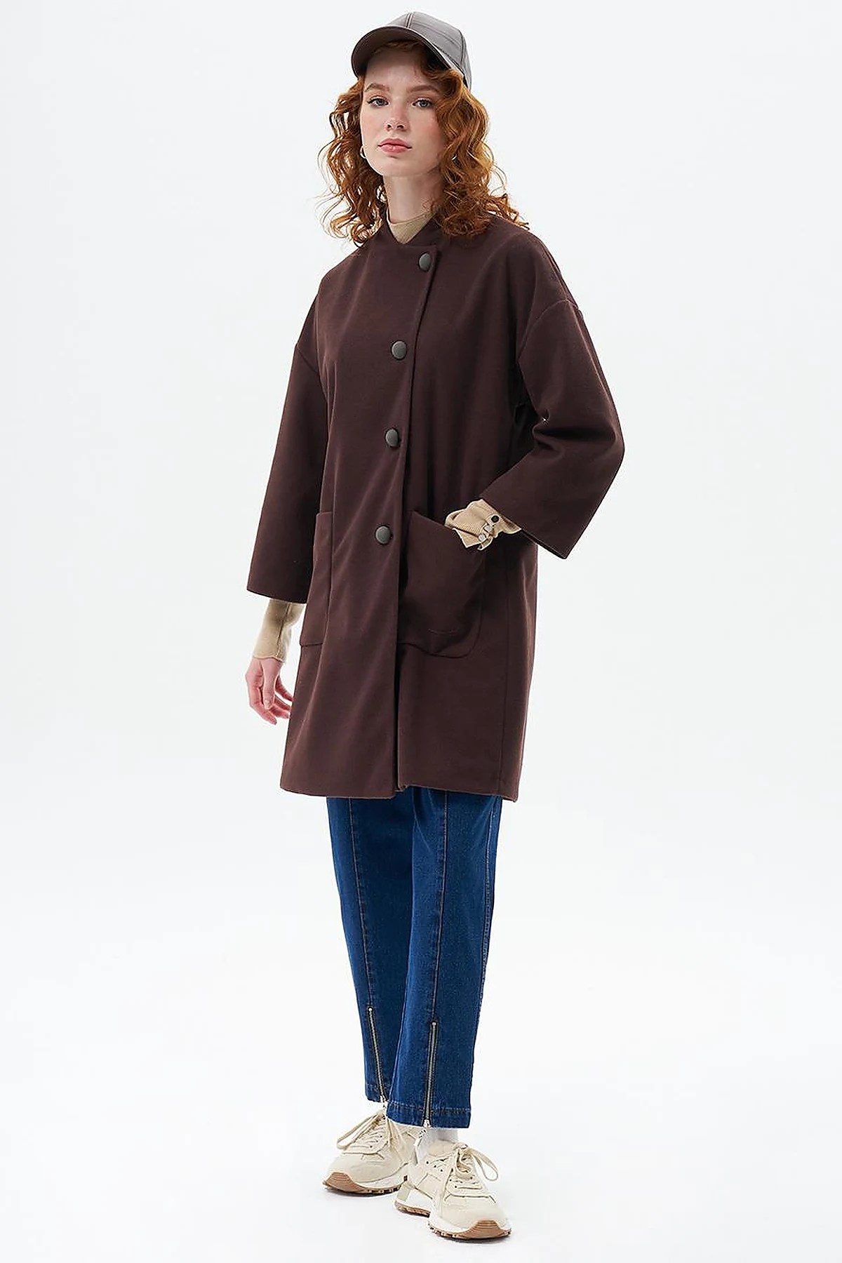 Three Quarter Sleeve Cashmere Coat Dark Coffee