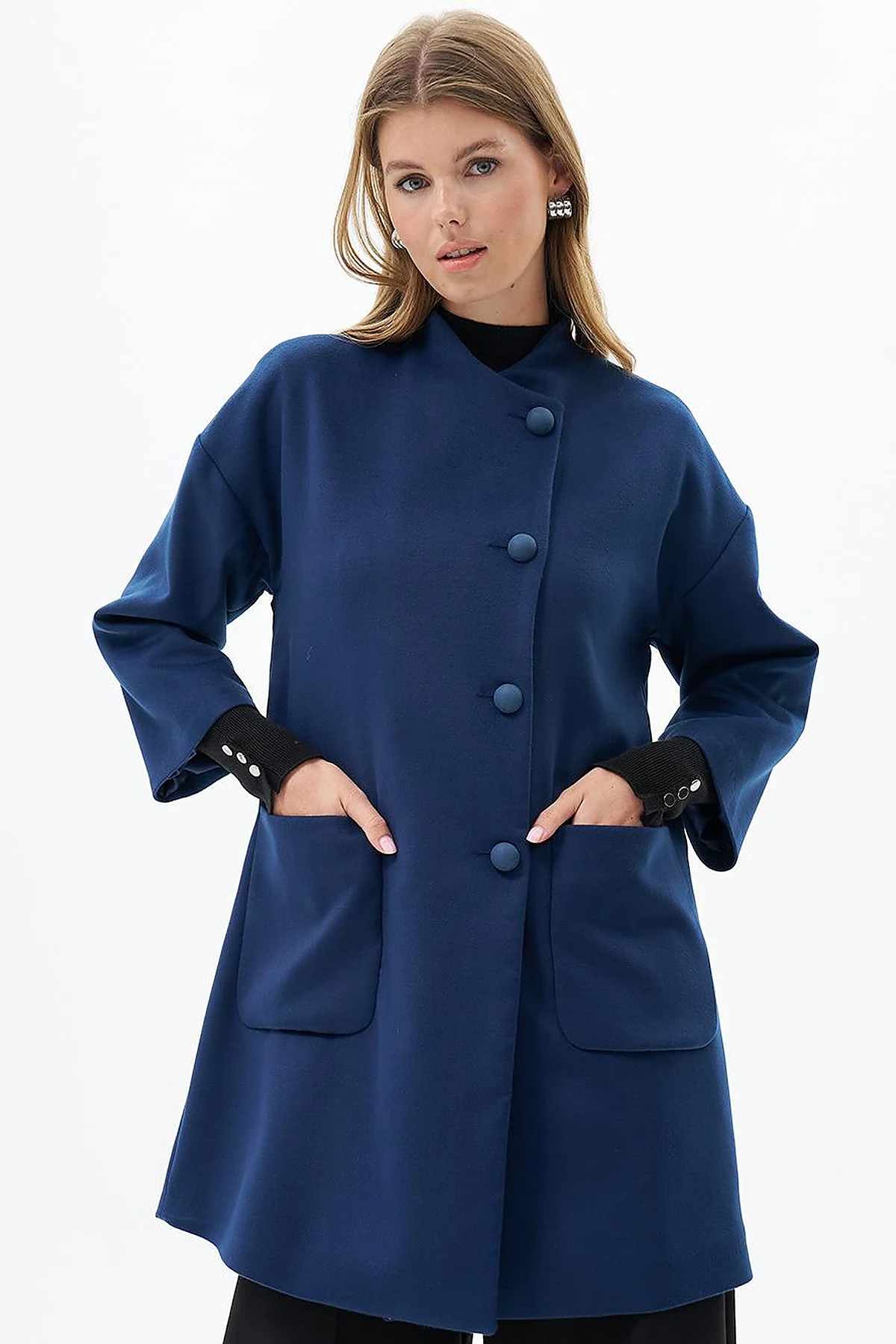 Three Quarter Sleeve Cashmere Coat Navy Blue