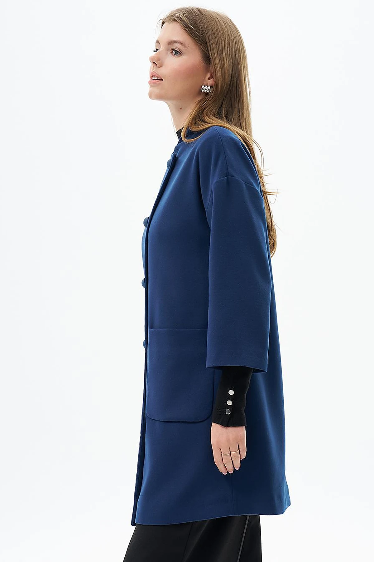 Three Quarter Sleeve Cashmere Coat Navy Blue