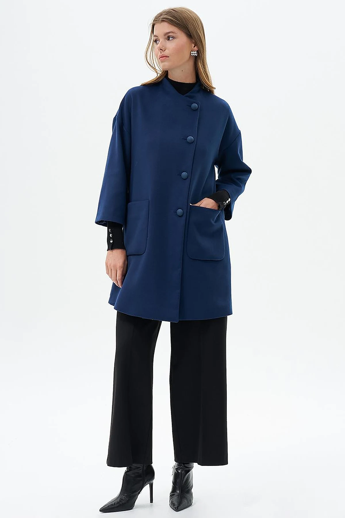 Three Quarter Sleeve Cashmere Coat Navy Blue