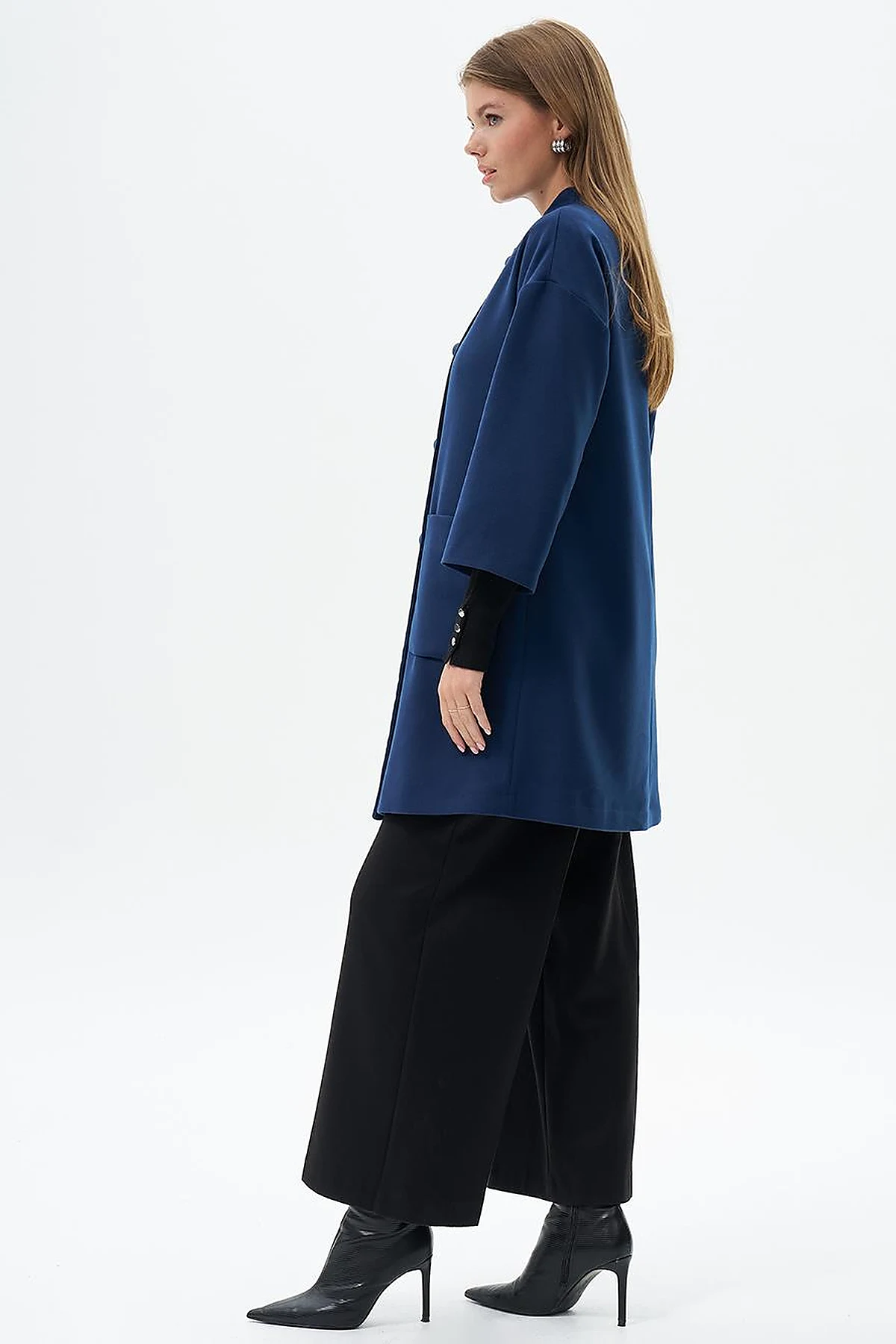 Three Quarter Sleeve Cashmere Coat Navy Blue