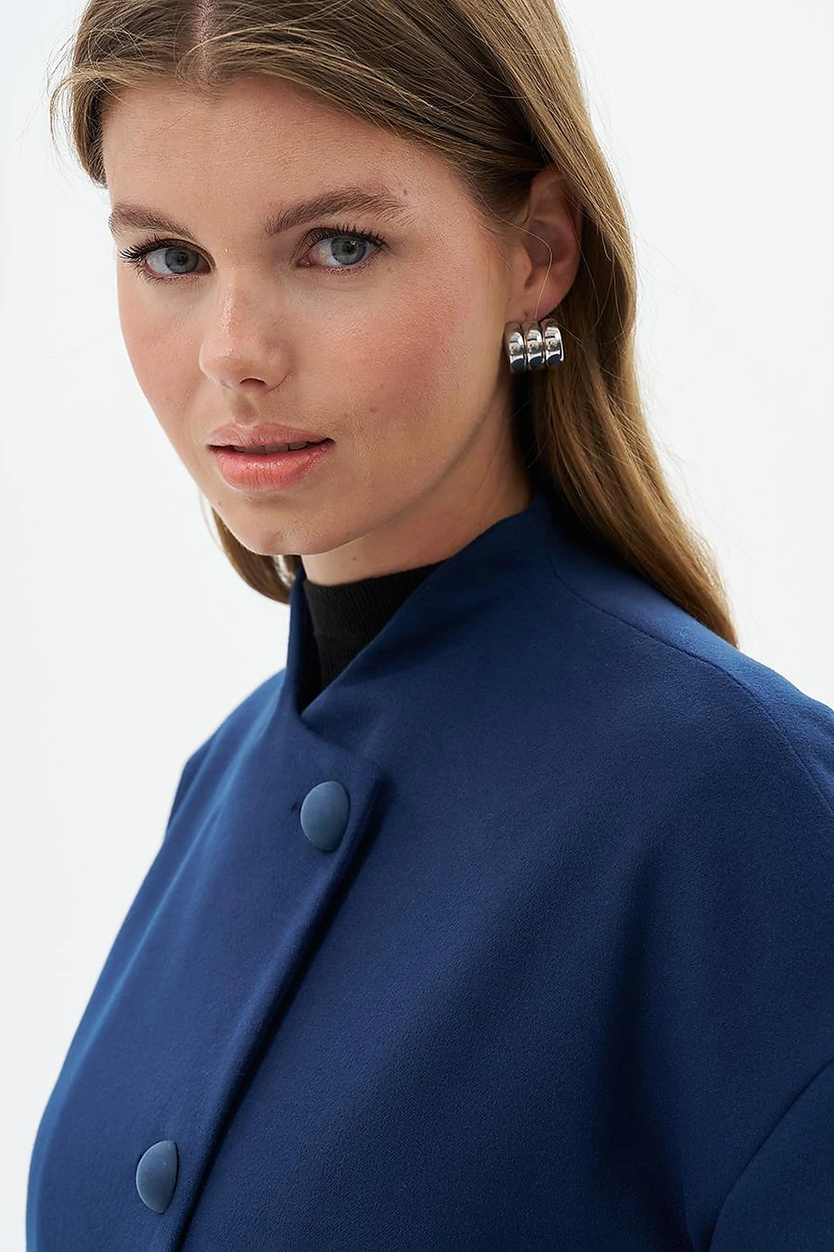 Three Quarter Sleeve Cashmere Coat Navy Blue
