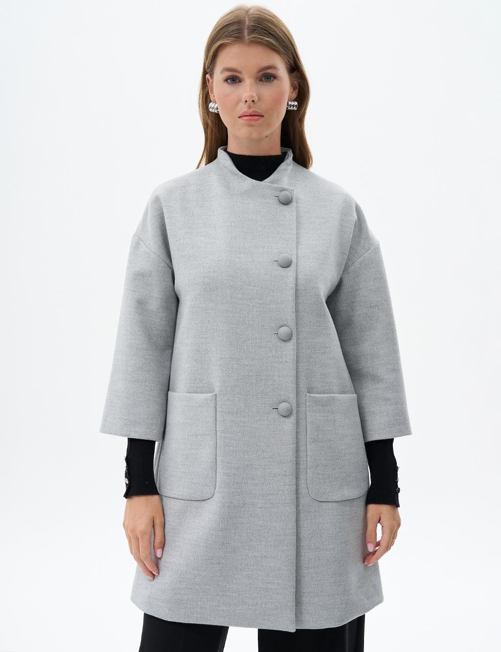 Three Quarter Sleeve Cashmere Coat Light Gray
