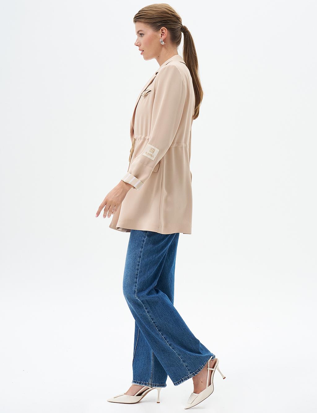 Waist Detailed Jacket with Flap Pocket Beige