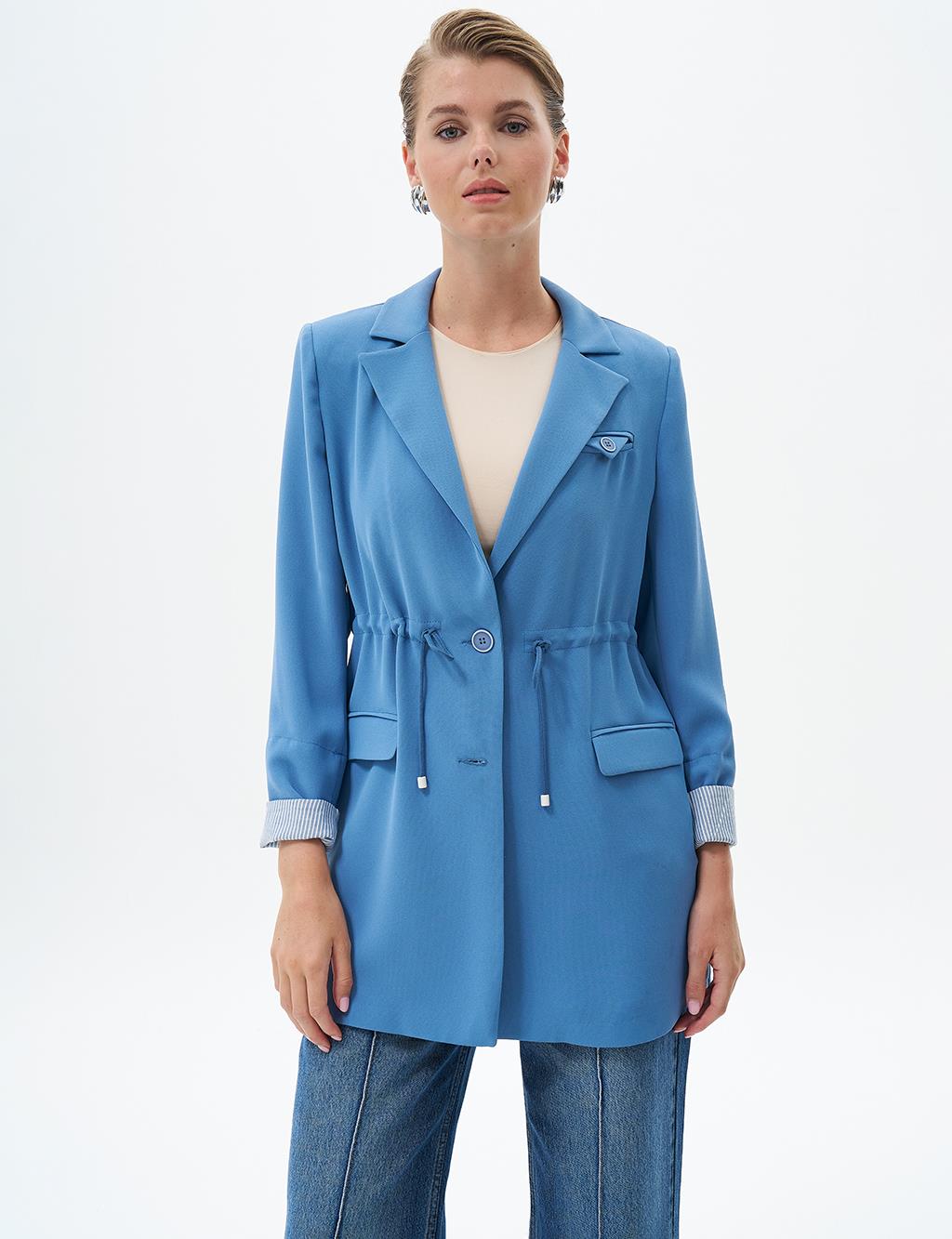 Waist Detailed Jacket with Flap Pocket Crown Blue
