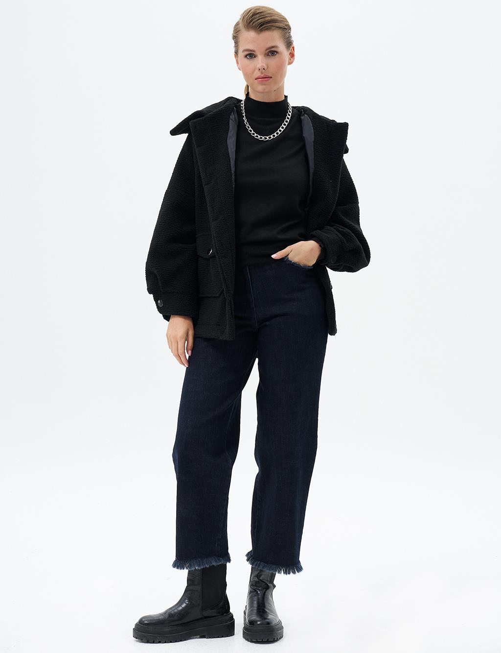 Fringed Denim Pants Navy Blue