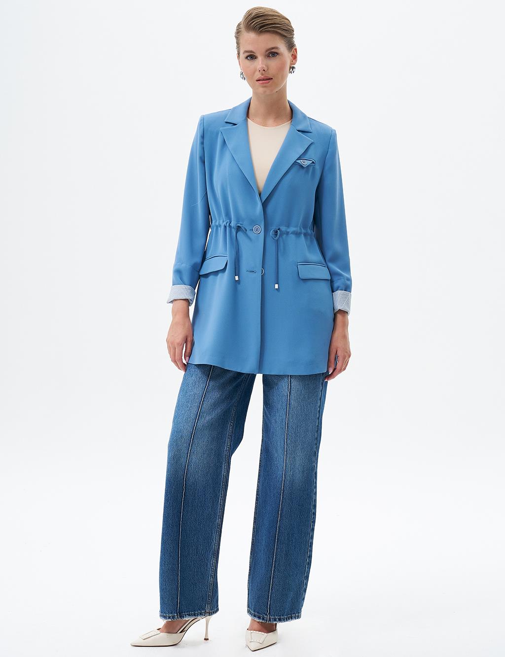 Waist Detailed Jacket with Flap Pocket Crown Blue