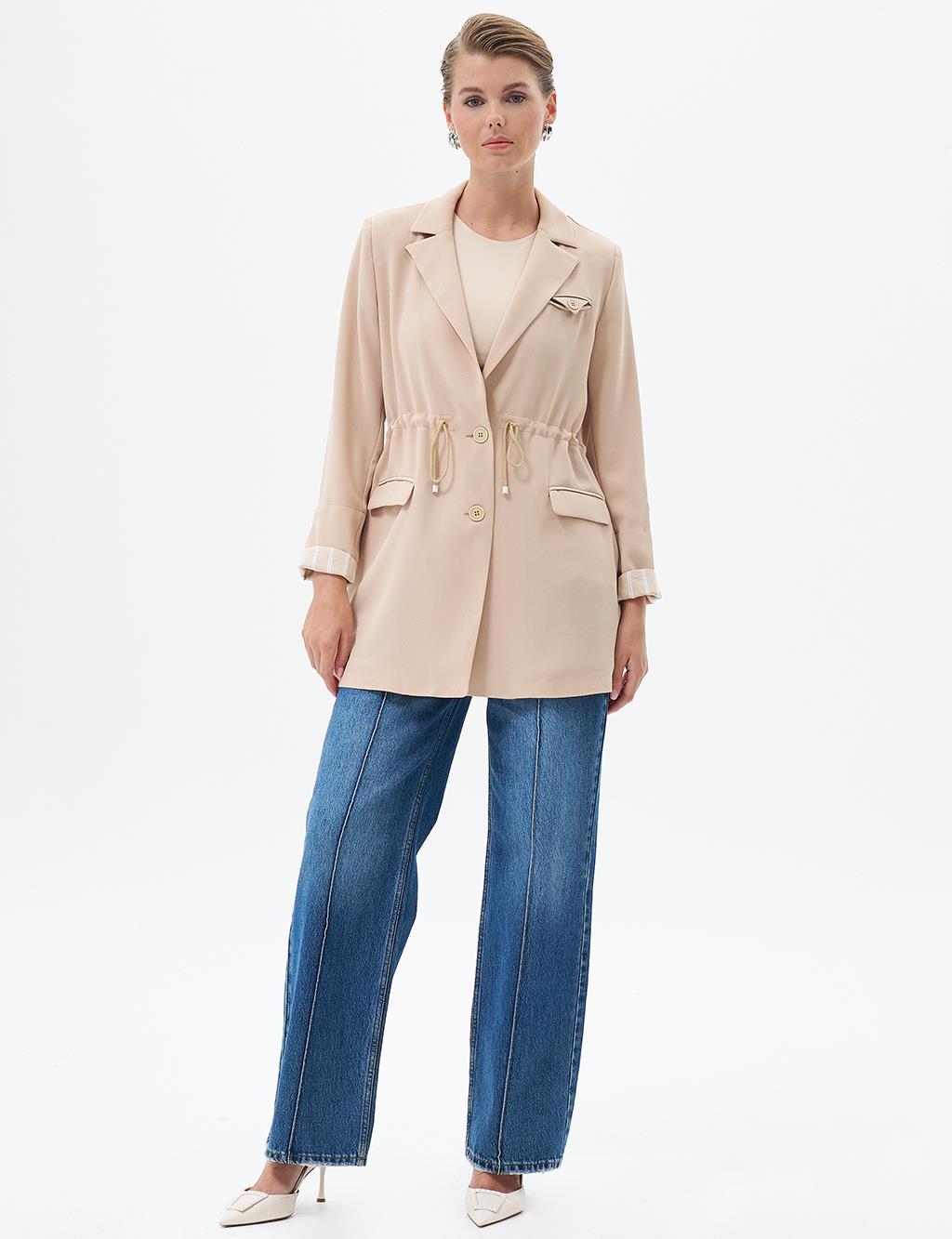 Waist Detailed Jacket with Flap Pocket Beige