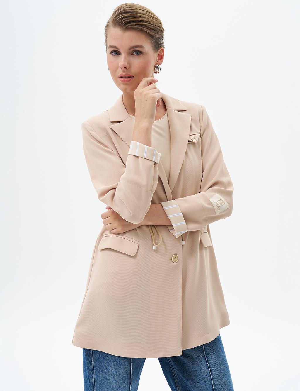 Waist Detailed Jacket with Flap Pocket Beige