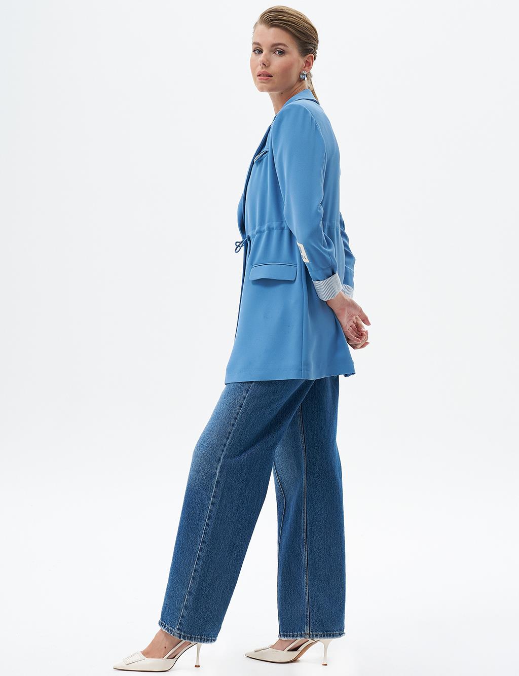 Waist Detailed Jacket with Flap Pocket Crown Blue