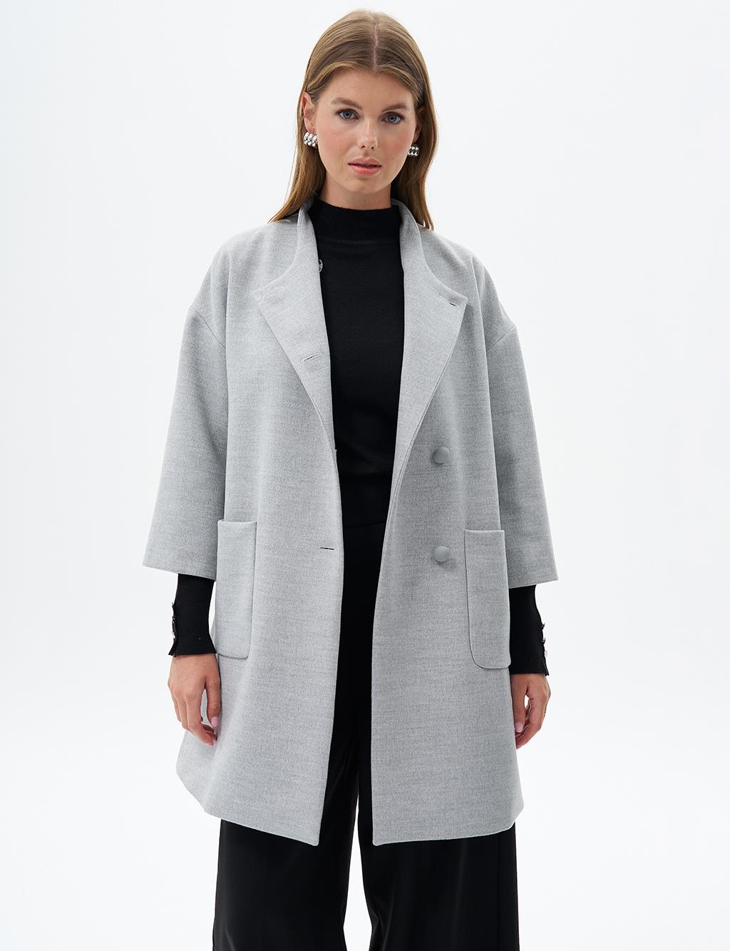Three Quarter Sleeve Cashmere Coat Light Gray