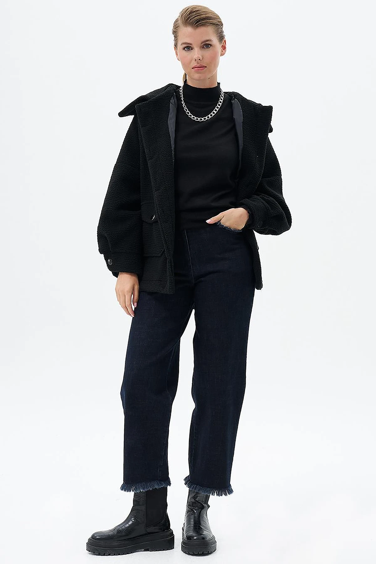 Fringed Denim Pants Navy Blue