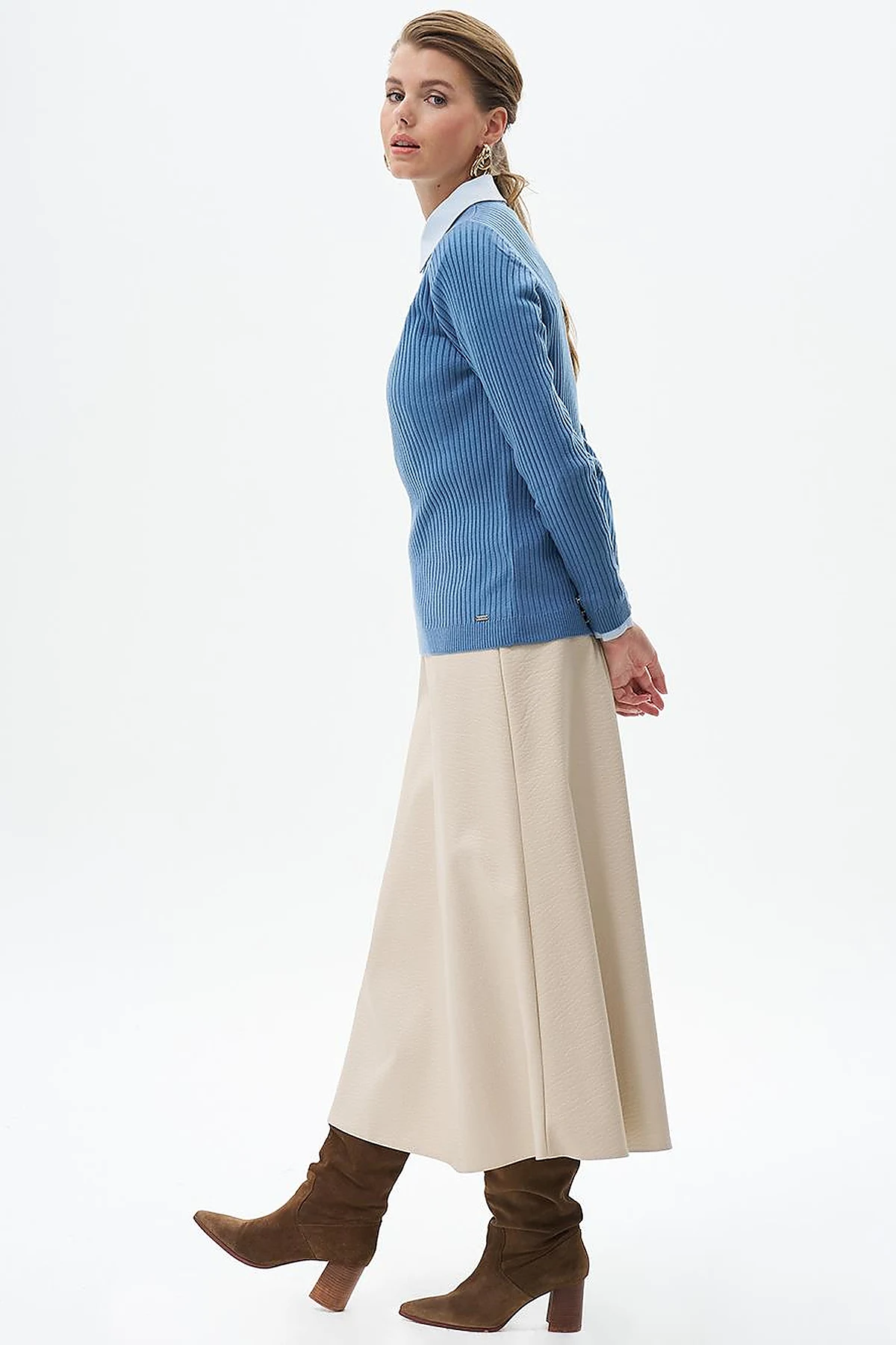 Faux Leather Flared Skirt Cream