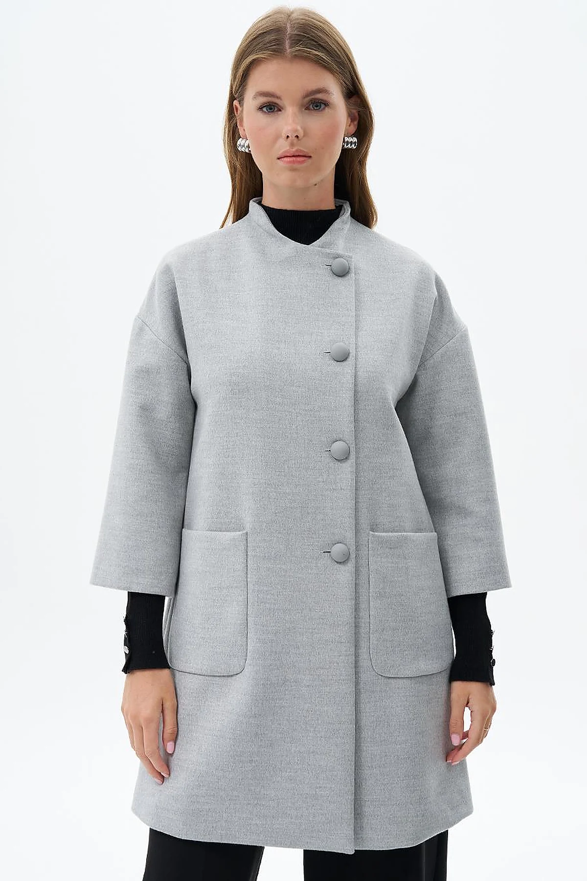 Three Quarter Sleeve Cashmere Coat Light Gray