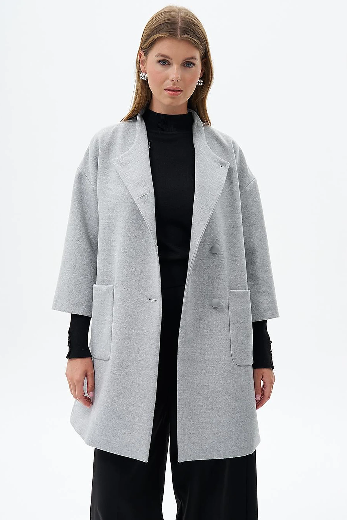 Three Quarter Sleeve Cashmere Coat Light Gray