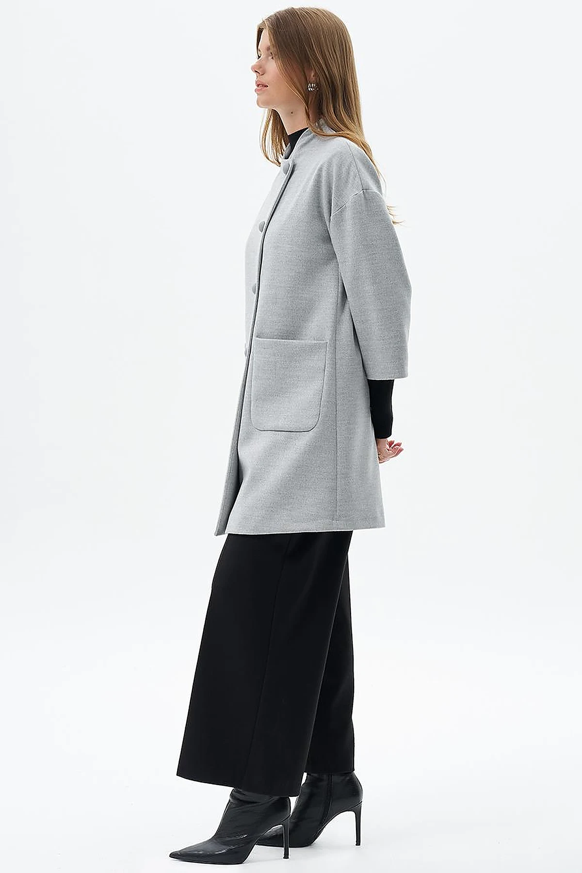 Three Quarter Sleeve Cashmere Coat Light Gray