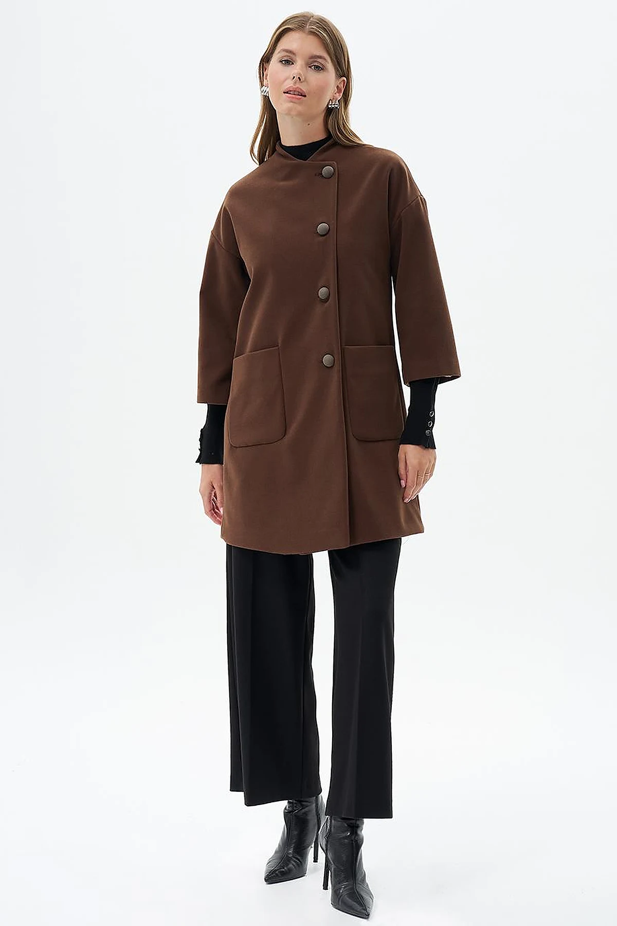 Three Quarter Sleeve Cashmere Coat Coffee